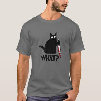 Cat What? Murderous Black Cat With Knife Halloween T-Shirt