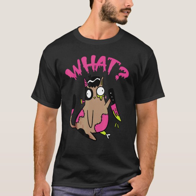 Cat What Zombie Black Cat With Knife Halloween Cos T-Shirt (Front)