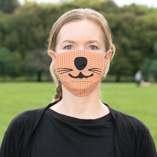 Cat whiskers on orange gingham adult cloth face mask