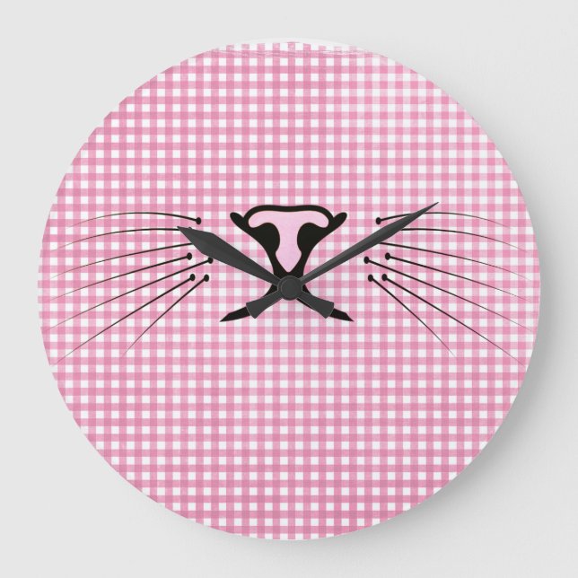 Cat Whiskers on Pink and White Gingham Large Clock (Front)