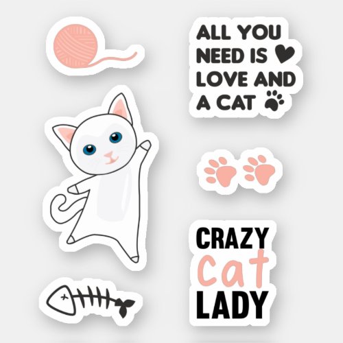 Cat White Cats Pink Sayings Sticker Pack Paws