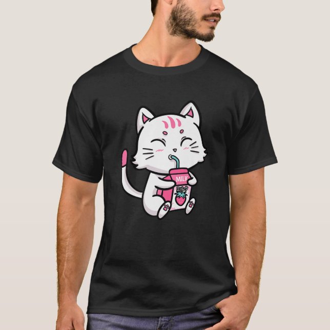 Cat White Kitten Drinking Strawberry Milk Anime Ma T-Shirt (Front)