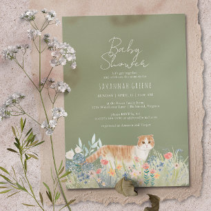 Cat Wildflowers   Sage Green   Neutral Baby Shower Invitation