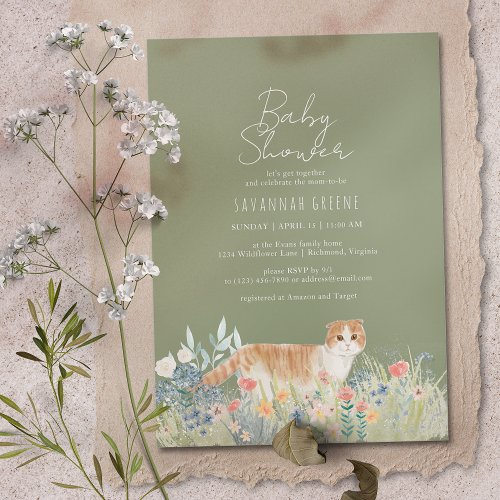 Cat Wildflowers  Sage Green  Neutral Baby Shower Invitation