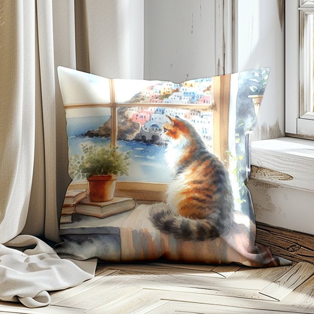 Cat Window Watercolor Mediterranean  Throw Pillow (Cat in the window pillow)
