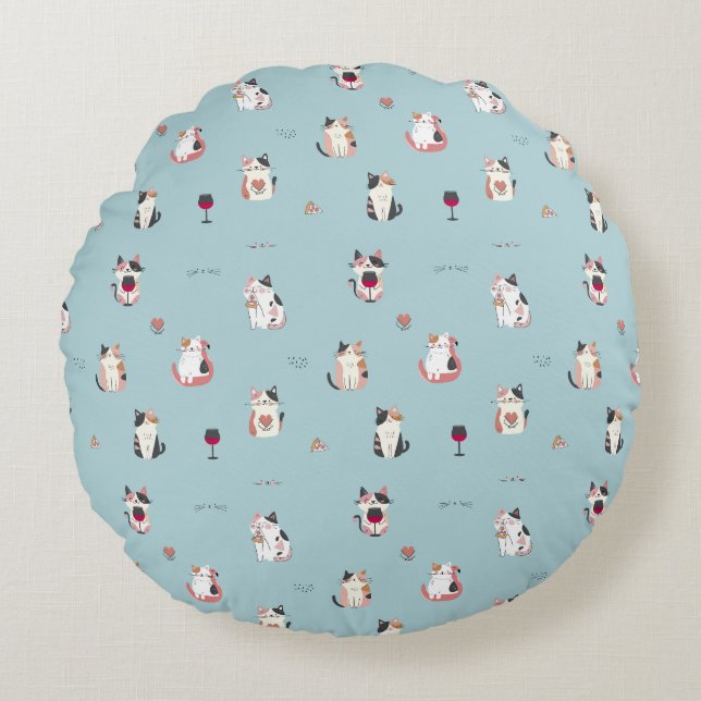 Cat & Wine Round Pillow: Fun and Quirky Design Pillow (Front)