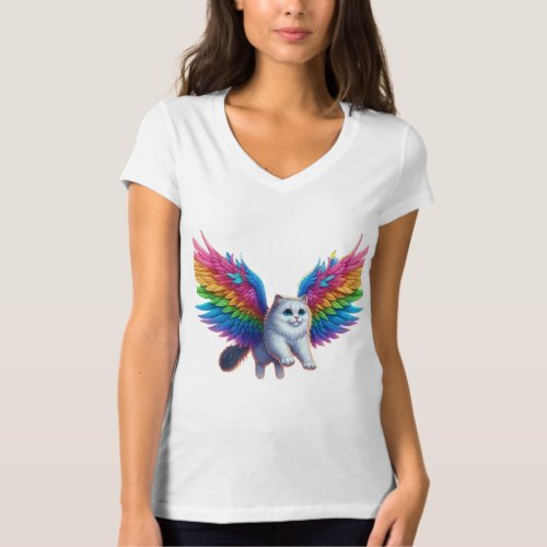 Cat Wings Rainbow Feathers Soaring Sky T_Shirt