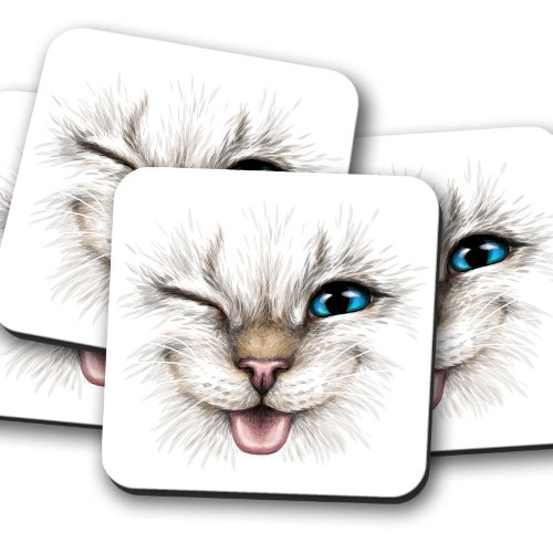 Cat Wink Blue Eye Coaster  Cat Cork Coaster Set