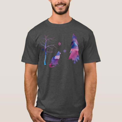 Cat Winter Scene With Snowflakes T_Shirt
