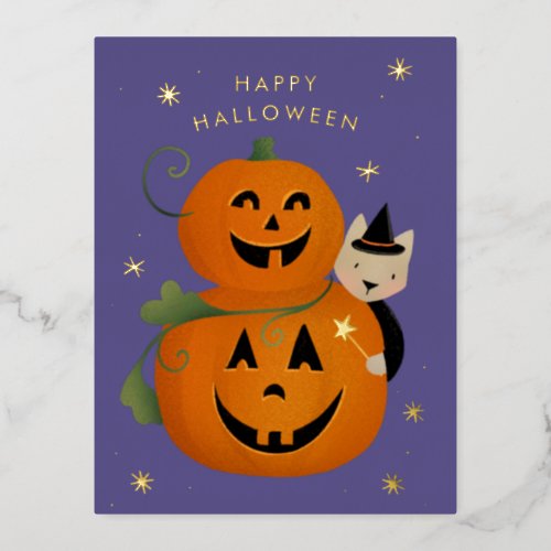 Cat witch and Jack O Lanterns Happy Halloween Foil Holiday Postcard
