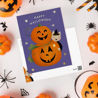 Cat witch and Jack O Lantern's Happy Halloween Foil Holiday Postcard