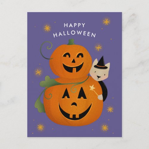 Cat witch and Jack O Lanterns Happy Halloween Holiday Postcard