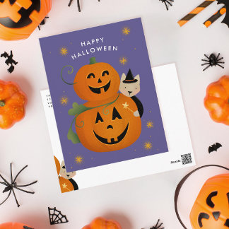 Cat witch and Jack O Lantern's Happy Halloween Holiday Postcard