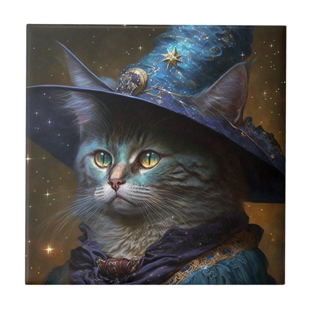 Cat Witch Fantasy Art Ceramic Tile (Front)