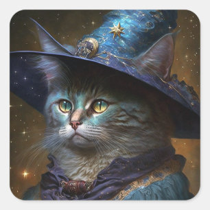 Cat Witch Fantasy Art Square Sticker