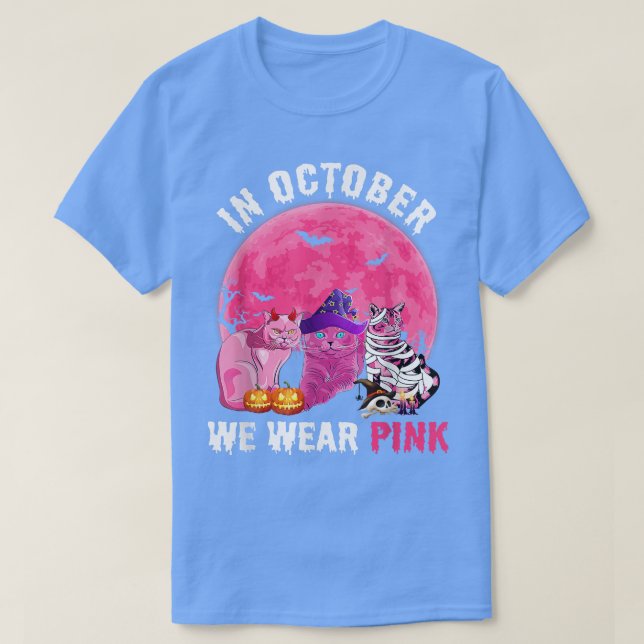 Cat Witch Halloween In October We Wear Pink Breast T-Shirt (Design Front)