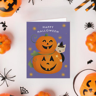 Cat Witch Jack O Lantern Cut Kids Halloween Holiday Card