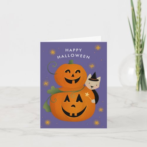 Cat Witch Jack O Lantern Cut Kids Halloween Holiday Card