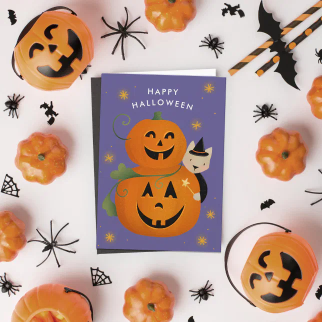 Cat Witch Jack O Lantern Cut Kids Halloween Note Card | Zazzle