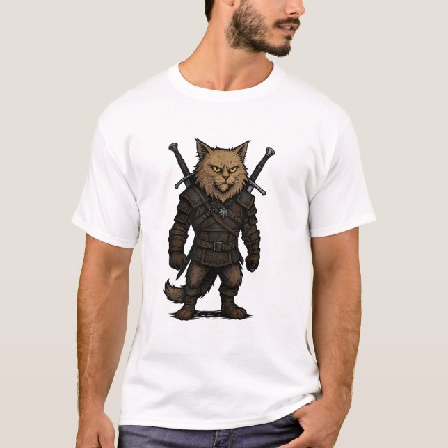 Cat Witcher – Medieval Fantasy Warrior T-Shirt (Front)