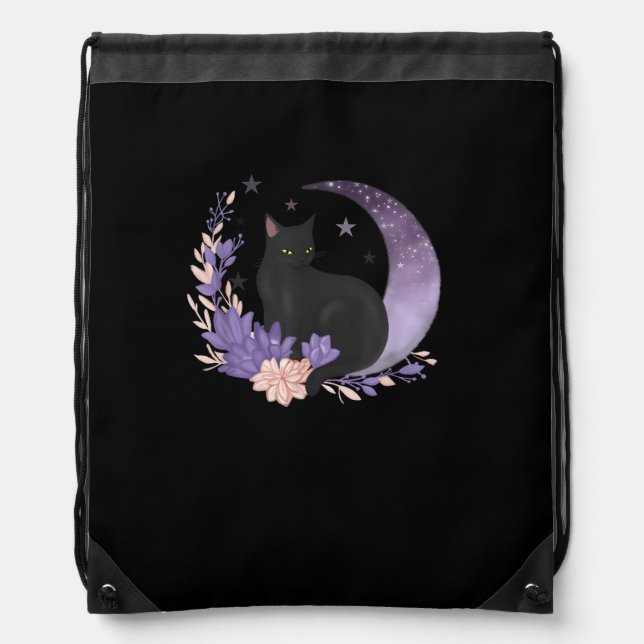 Cat Witchy Moon Flowers Pastel Goth Goblincore Drawstring Bag (Front)
