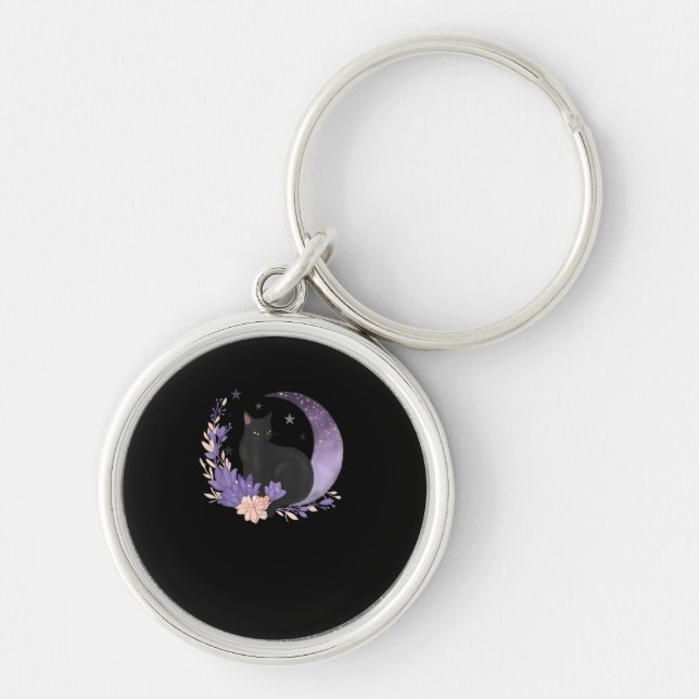 Cat Witchy Moon Flowers Pastel Goth Goblincore Keychain (Front)