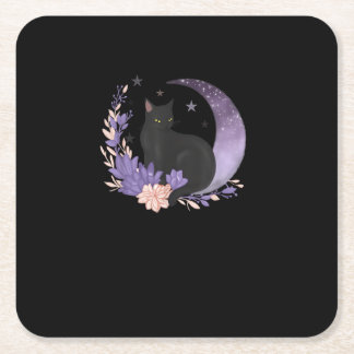 Cat Witchy Moon Flowers Pastel Goth Goblincore Square Paper Coaster