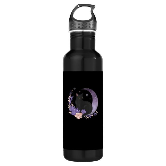 Cat Witchy Moon Flowers Pastel Goth Goblincore Stainless Steel Water Bottle (Front)