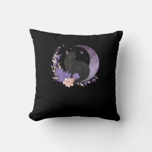 Cat Witchy Moon Flowers Pastel Goth Goblincore Throw Pillow