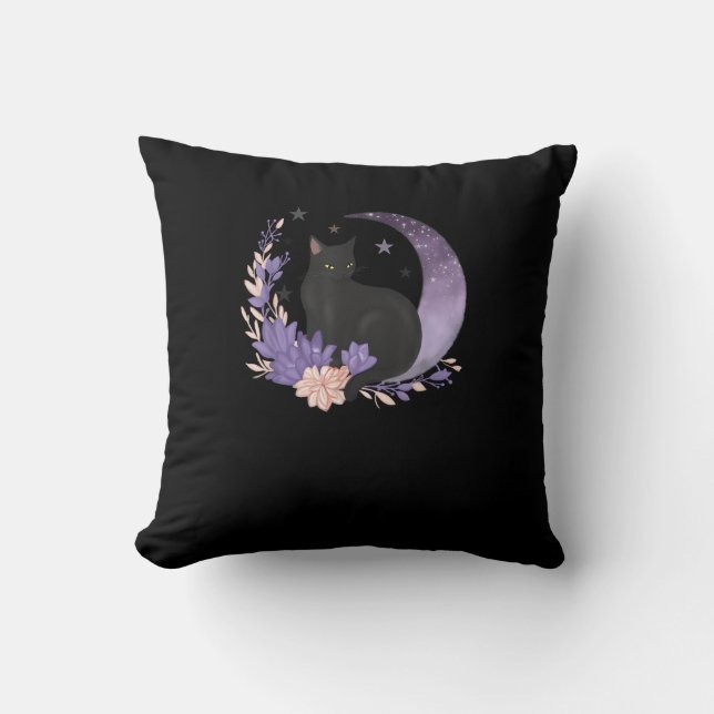 Cat Witchy Moon Flowers Pastel Goth Goblincore Throw Pillow (Front)