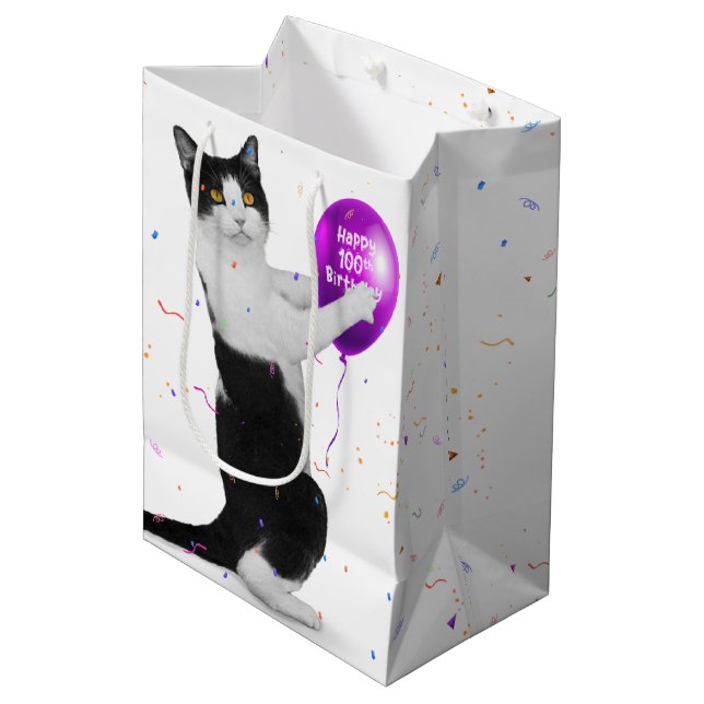 Cat with 100th Birthday Balloon Medium Gift Bag (Front Angled)