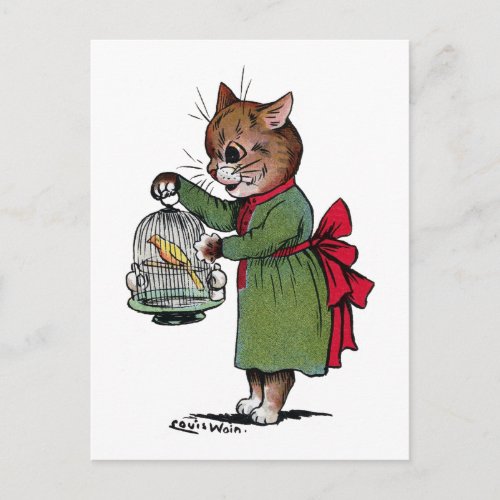 Cat with a Bird cage Louis Wain Postcard