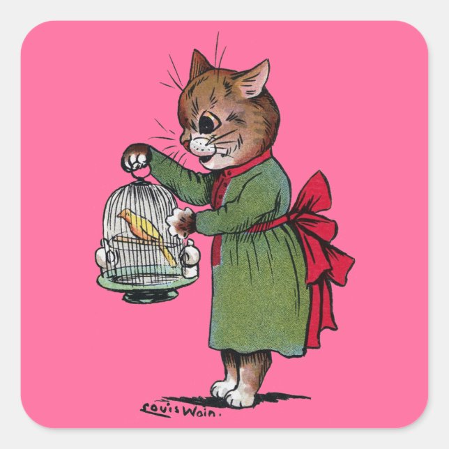 Cat with a Bird cage, Louis Wain Square Sticker (Front)