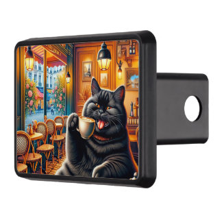 Cat with a coffee cup in cafe Trailer Hitch Cover