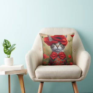 Cat with a dress made of a poppy throw pillow