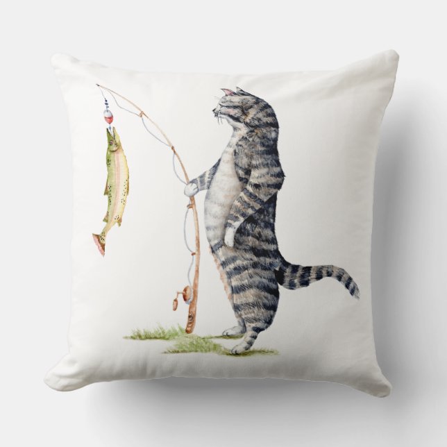 Cat with a Fish Throw Pillow (Front)