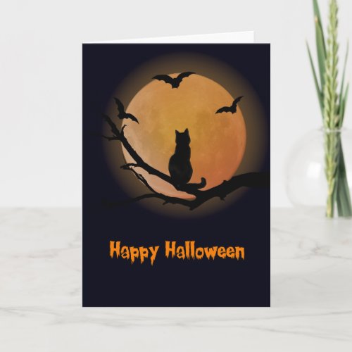 Cat with a full moon Halloween Card