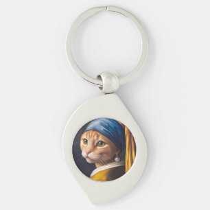 Cat with a Pearl Earring Funny Vermeer Parody Keychain