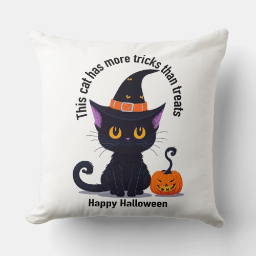 Cat with a witch cap throw pillow
