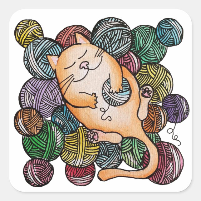 Cat With Ball of Yarn Fun Cartoon Square Sticker (Front)