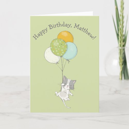 Cat with Balloons Personalized Birthday Holiday Card