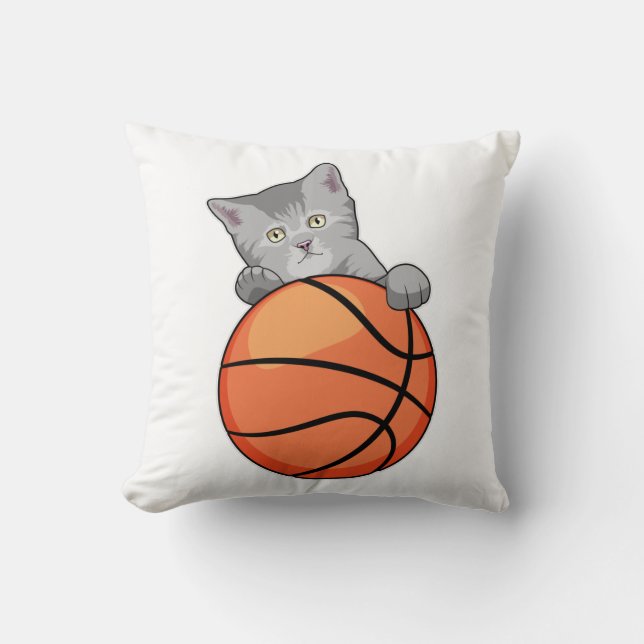 Cat with Basketball Throw Pillow (Front)