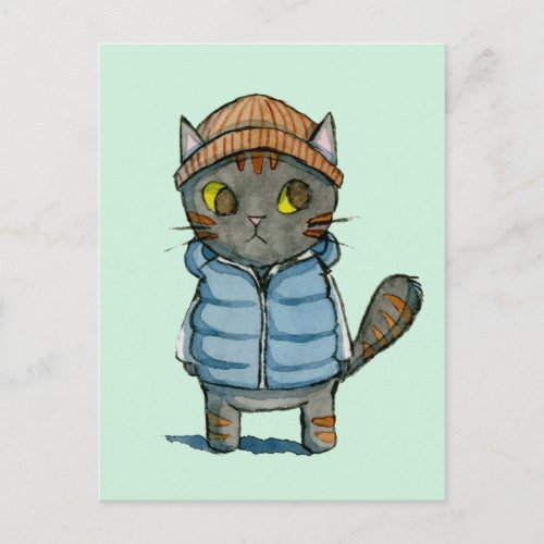 Cat with Beanie and Down Vest Watercolor Postcard