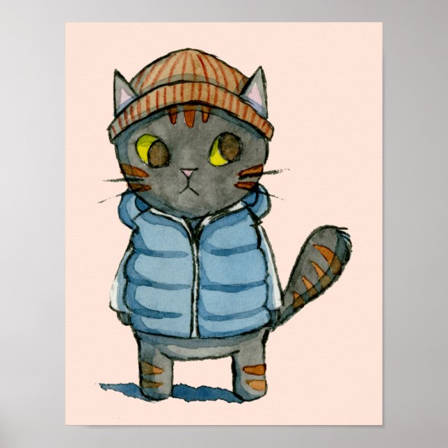 Cat with Beanie and Down Vest Watercolor Poster (Front)