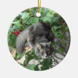 Cat with Berries Holly Ornament