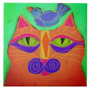 Cat with Bird on Head Abstract Painting Ceramic Tile