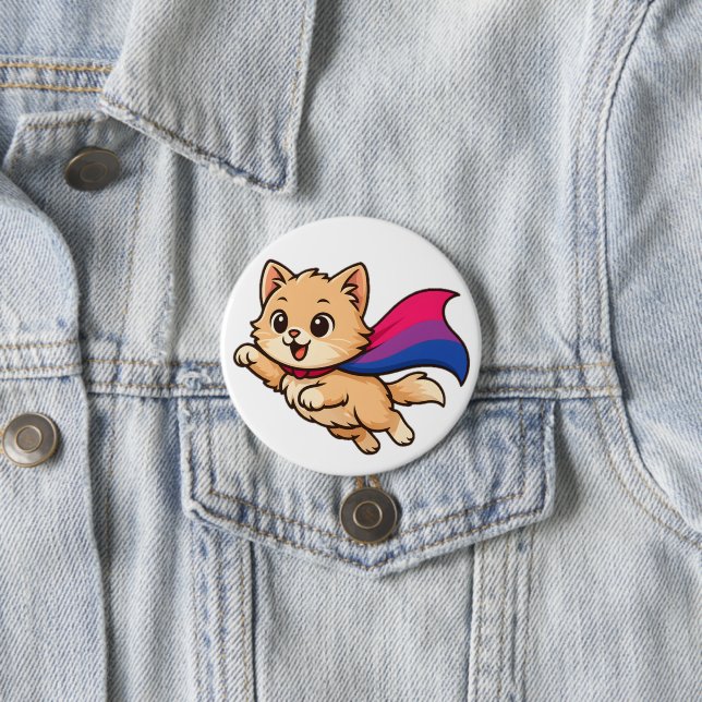 Cat with Bisexual Pride Cape – Cute Bi Design Button (In Situ)