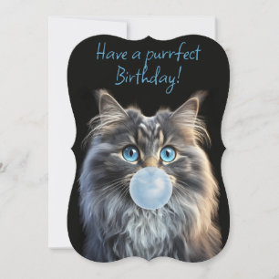 Cat with blue eyes blowing a blue bubble gum card