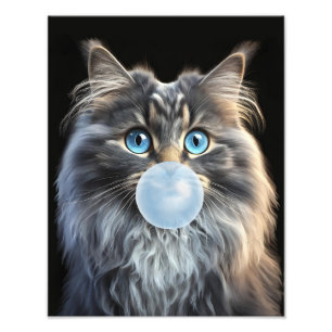 Cat with blue eyes blowing a blue bubble gum photo print
