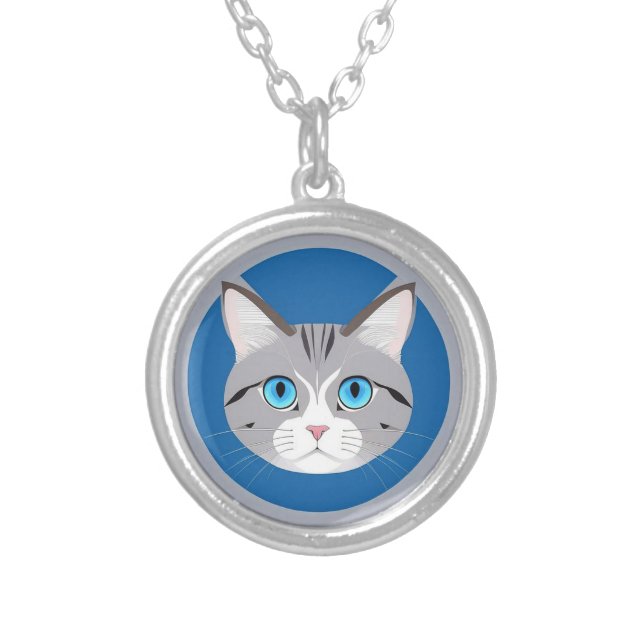 Cat With Blue Eyes Silver Plated Necklace (Front)